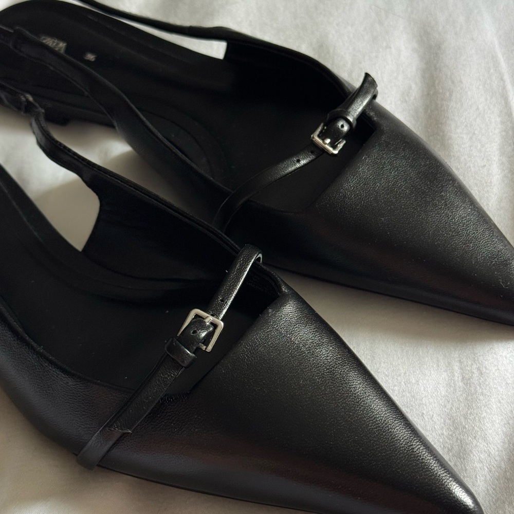 Zara Black Pointed Toe Slingback Flats